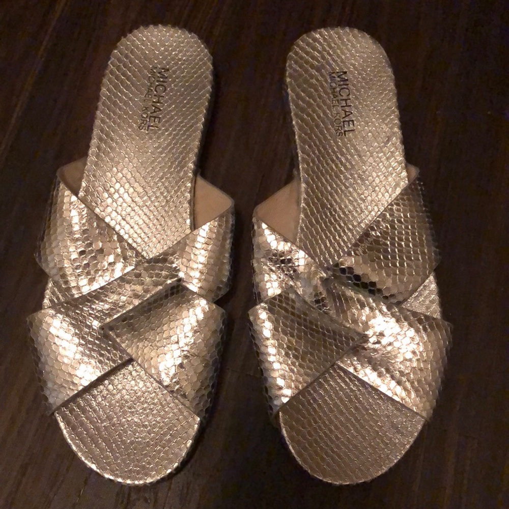 Michael Kors Silver Textured Cross Strap Slides